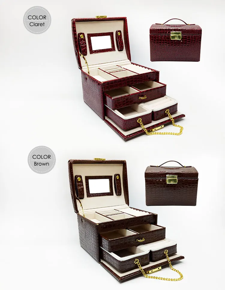 Lockable Leather Jewelry Box Velvet Inside Drawer Zipper Small Travel Wallet Leather Lady