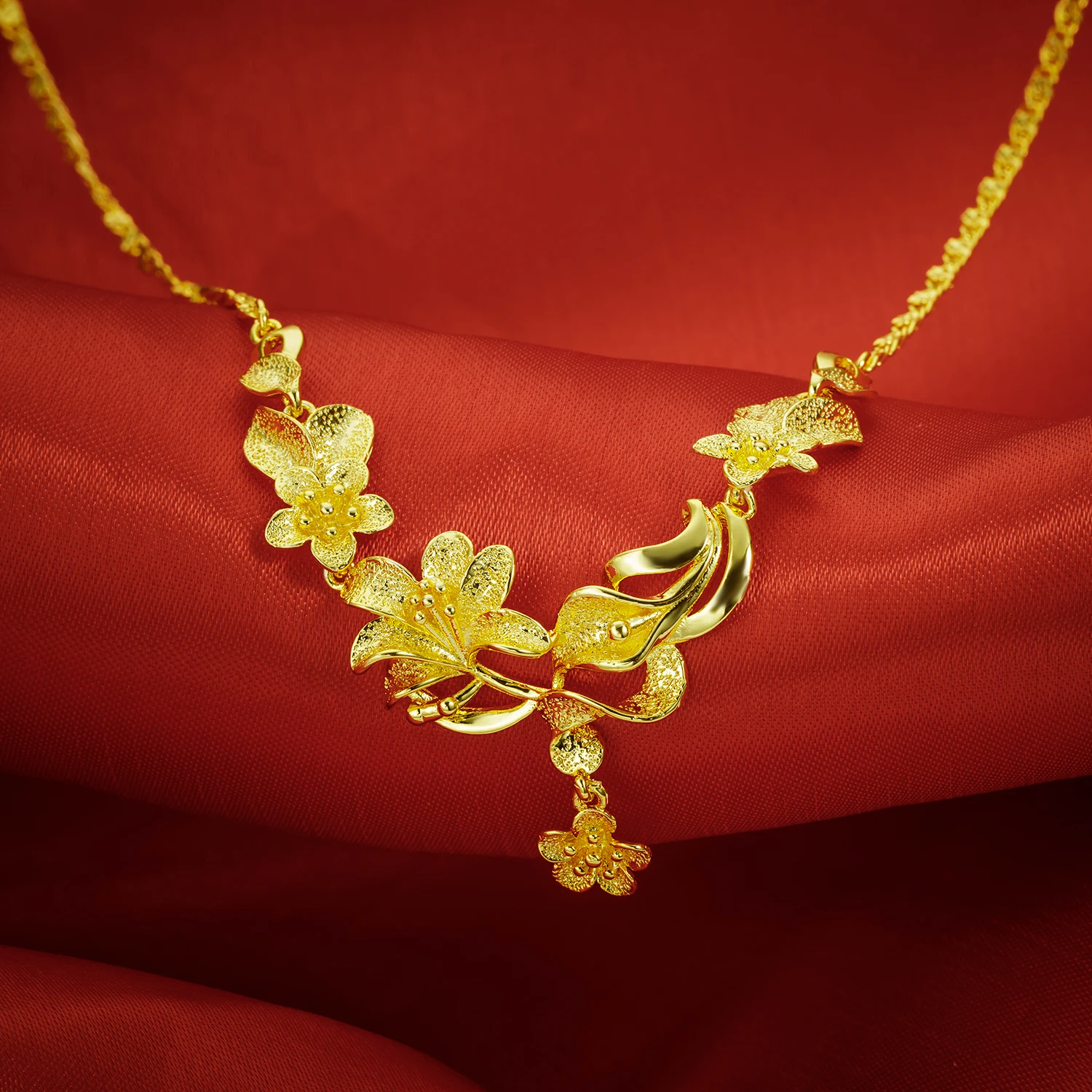 Gold Plating Necklace Wedding Jewellery Copper Flower Leaf Gold Jewelry ...