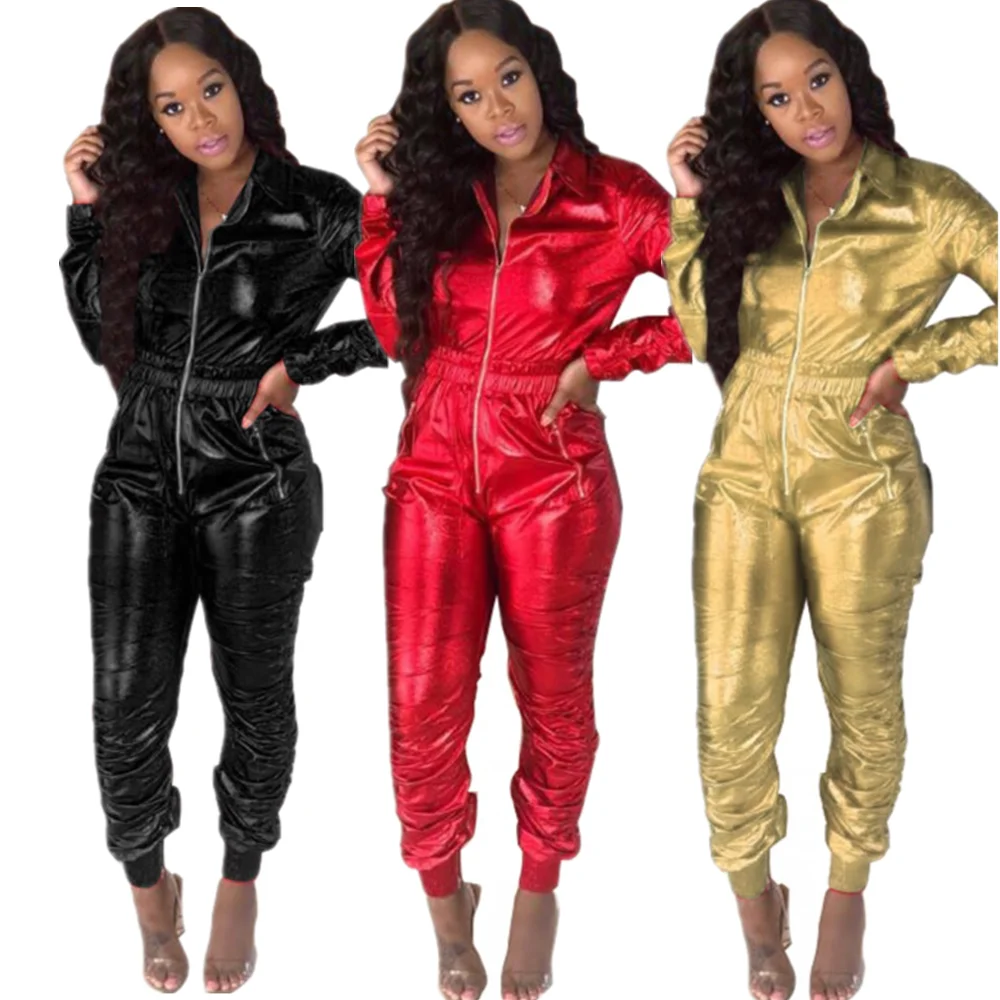 

Autumn Stretchy turn down collar long sleeve front zipper reflective women jumpsuit, N/a