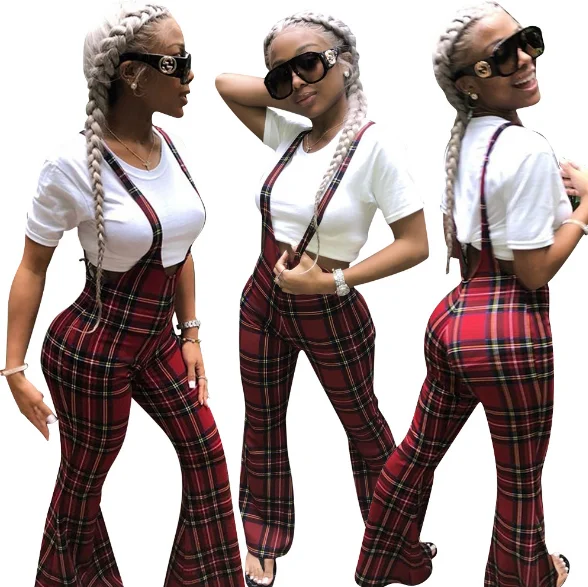 

QF0538 Wholesale women's sexy strap plaid printed wide leg pants
