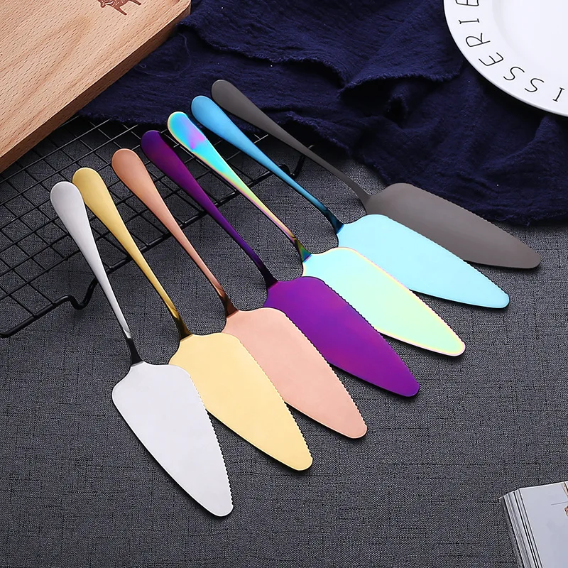 

Toothed Stainless Steel Pizza Pia Cream Colorful Cake Shovel Baking Tools Dessert Pastry Triangular Knife Cake Shovel, As picture