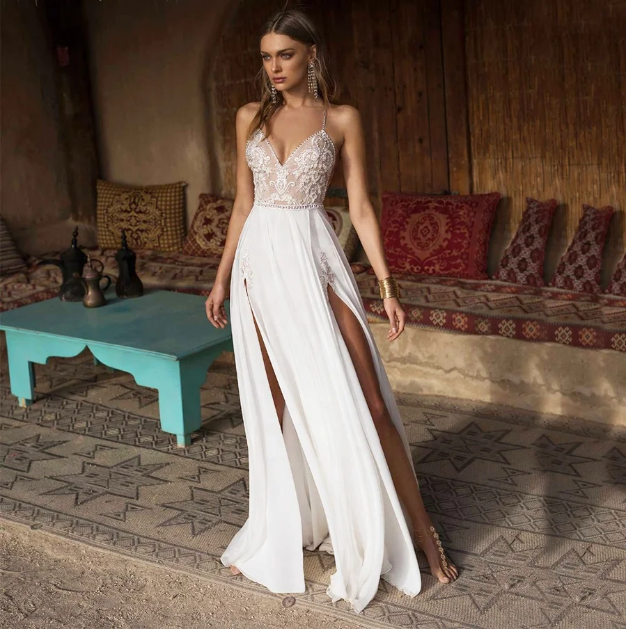 

High Slit Exotic High Quality Chiffon Bohemian Sexy Fashion Wedding Gown, White/ivory