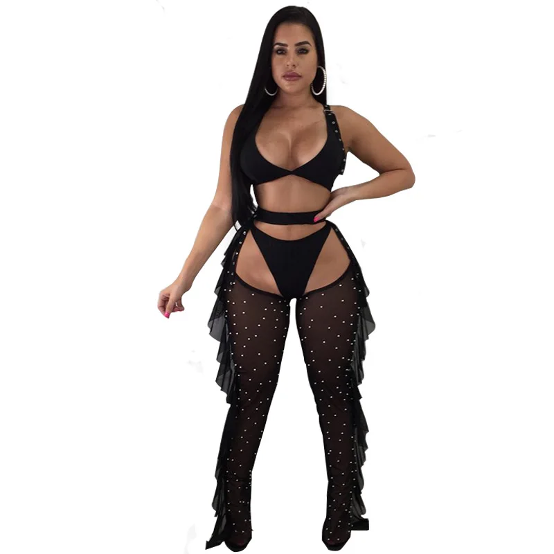 Womens 3 Pieces Outfit See Through Crop Top And Pants Se