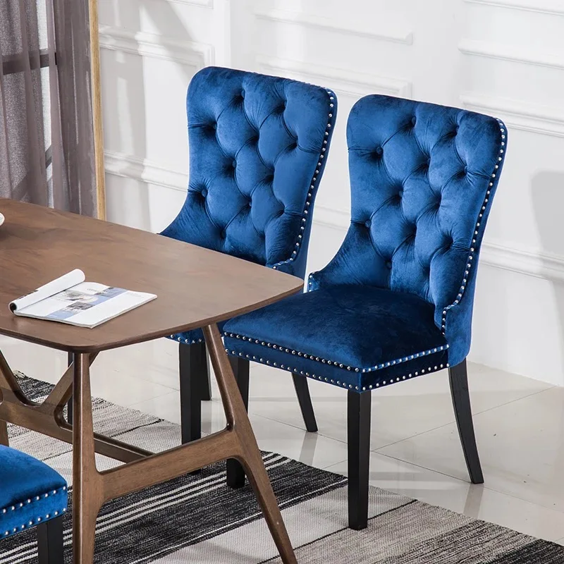 Navy Blue Velvet Tufted Antique Wooden Restaurant Dining Chair For