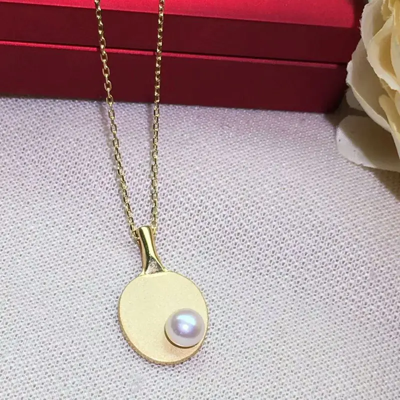 

High quility gold cool design 925 sterling silver Themed pearl Ping pong paddle shape pendant necklace for gift, N/a