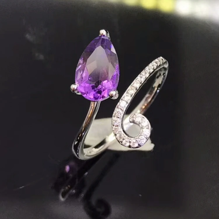 

925 silver stone jewelry wholesale fashion open adjustable purple amethyst natural crystal ring