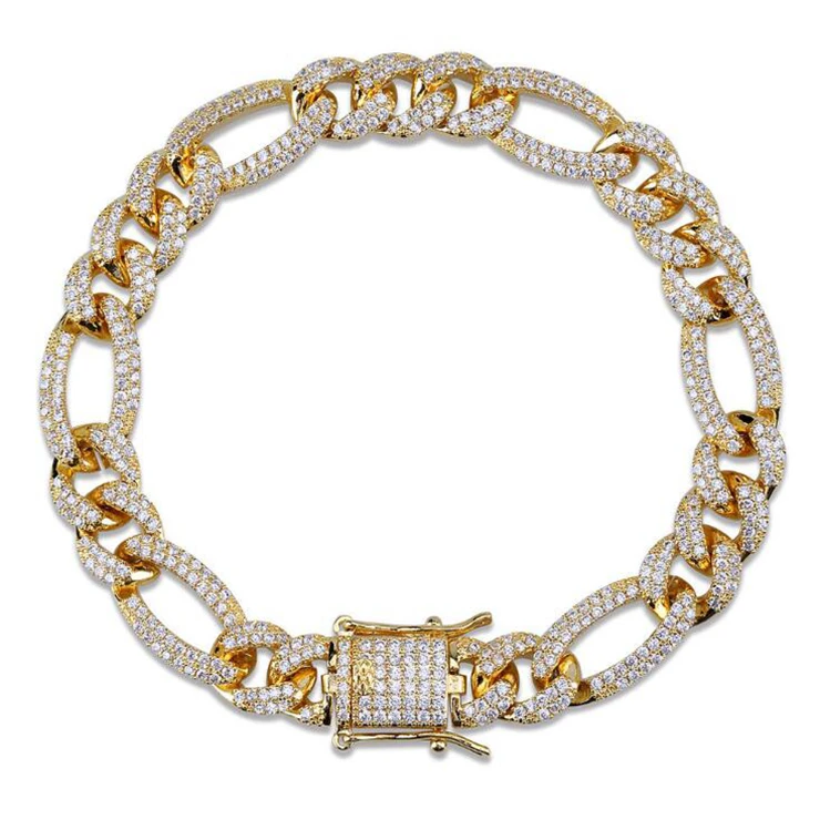 

New Trend 10mm Micro Pave Zircon Copper Gold Plated Jewelry Figaro Chain Bracelet