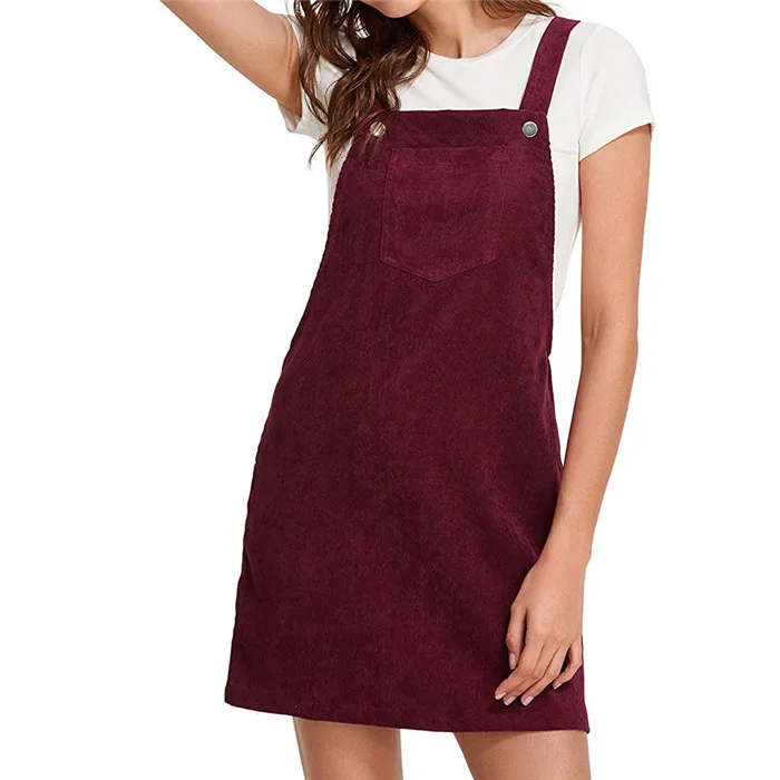 

2019 Sleeveless Pocket Suspender Cordiroy A Line Casual Women Autumn Dress Women Clothing, Solid