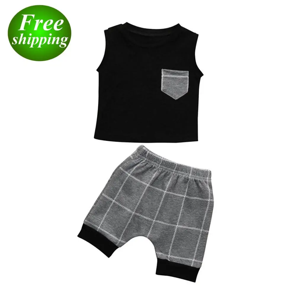 

2019 summer boys black top tshirt & gray plaids shorts pants 2pc set 0-5T, White