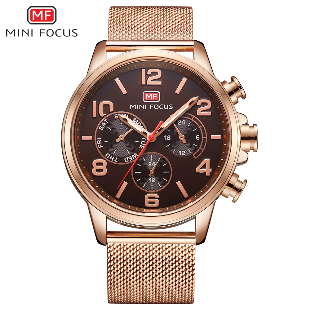 

Mini focus MF0001G Business Mens Watch Top Brand Luxury Quartz Leather Strap Chronograph 3 Dials Rose Golden Wrist Watch