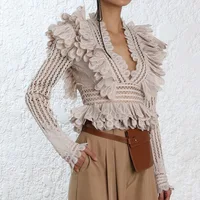 

2019 ladies Fashion sexy V neck women hollow out shirt long sleeve ruffles tops white hollow lace sexy lady lace blouse crop top