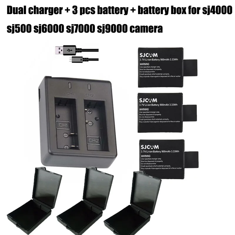 3PCS 900mAh 3 7V Original SJCAM SJ4000 Battery Lithium Batteries SJ 4000 Dual Charger For SJ5000