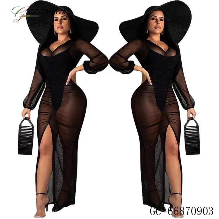 

*GC-82936 2020 new arrivals Wholesale see through Good quality in-stock Bestsale hot sexy sheer long sleeve maxi dress