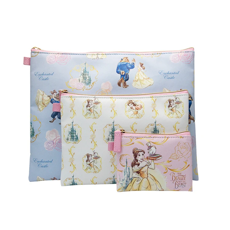 

Genuine Disney Beauty and the Beast Colorful Cosmetic Bags 3 in 1 PU Travel Storage Bag Set, Blue