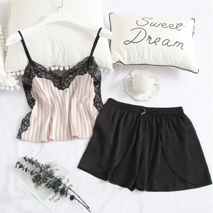 

Women's Sleepwear Sexy Satin Pajama Set Black Lace V-Neck Pyjamas Sleeveless Cute Top and Shorts