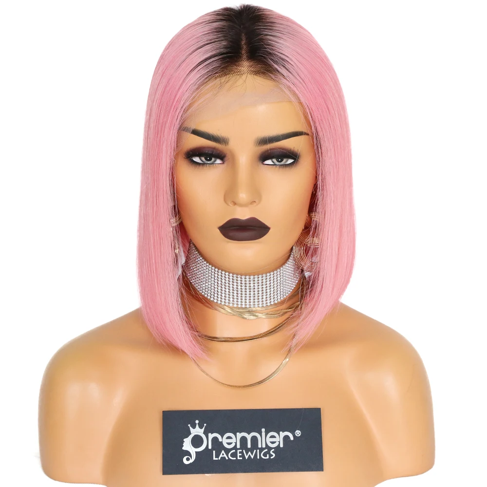 

Ready to Ship Virgin Brazilian Remy Human Hair Ombre natural to pink color Bob Cut pink lace wig Lace Frontal Wig