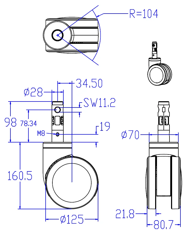 Solid Stem 125mm TPU Twin Wheels Central Lock Medical Castor