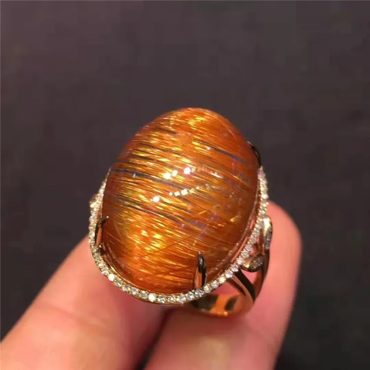 

high quality natural brown gemstone jewelry 18k gold South Africa real diamond16.2x13.8mm copper rutilated quartz ring for women