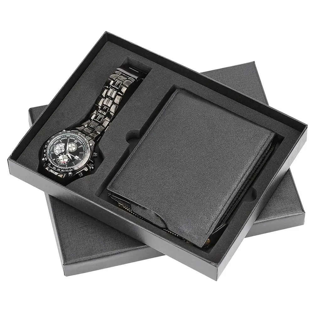 

Hot selling Men Watches Stainless Steel Band Quartz Wrist Watch with Folding Clasp Leather Wallet Gift Set