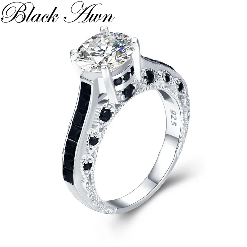 

[BLACK AWN] Hyperbole 5.6g 925 Sterling Silver Fine Jewelry Bague Row Black Spinel Leaf Wedding Ring for Women G015