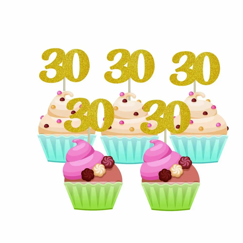 48 Pieces 30 Number Gold Glitter Birthday Cupcake Toppers 40 50 60
