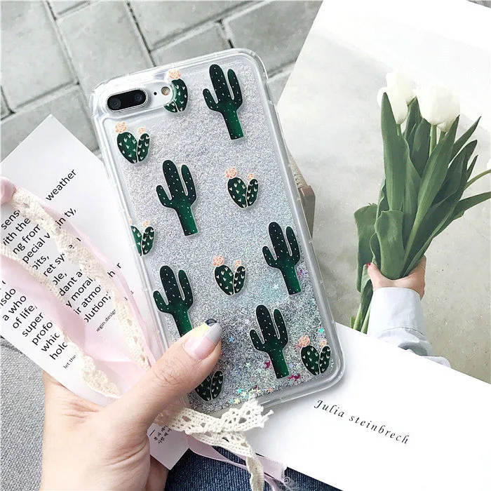 

Hot selling Stylish Bling Cactus Pineapple Liquid Quicksand TPU Shockproof Phone Case for iPhone 8 7 6 plus XS XSMAX XR