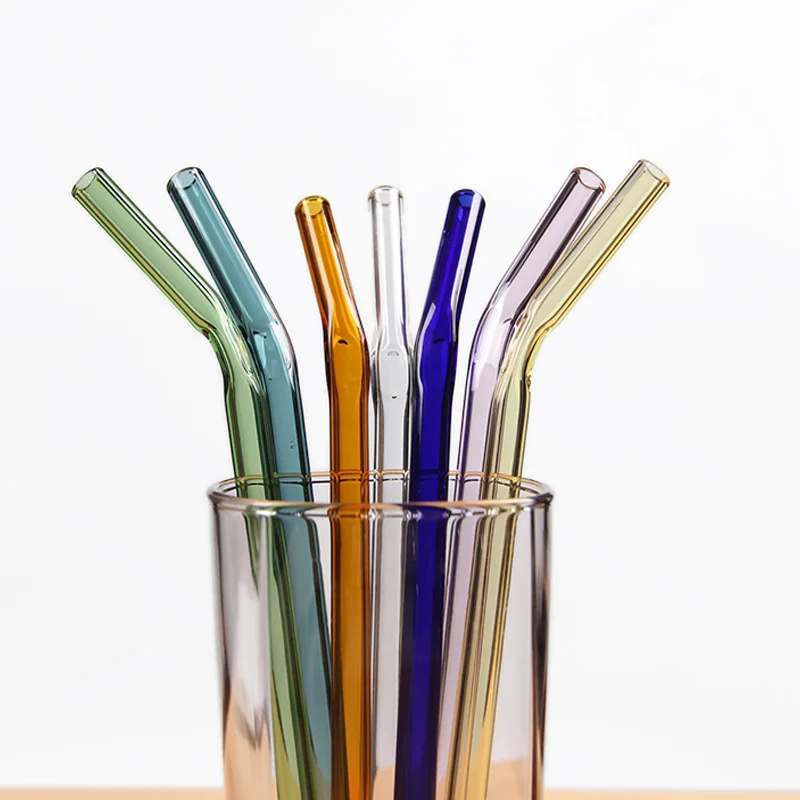 Handmade Pyrex Borosilicate Colored Bent Glass Drinking Straws With Cleaning Brush