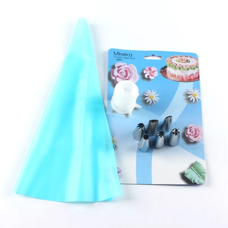 

Silicone Icing Piping Cream Pastry Bag With 6pcs Stainless Steel Nozzle converter mouth Sets DIY Cake Decorating Tool, Blue
