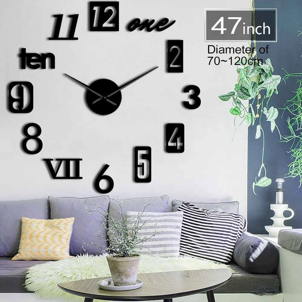 

DIY Sticker Wall Art Decorative Giant Wall Clock Home Decor 3D big size Clock, Black golden silver