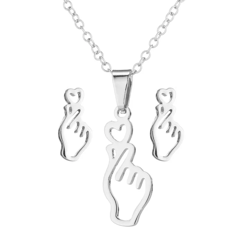 

Fashion Necklace Jewelry Gesture Finger Heart Pendant Necklace Earrings Set