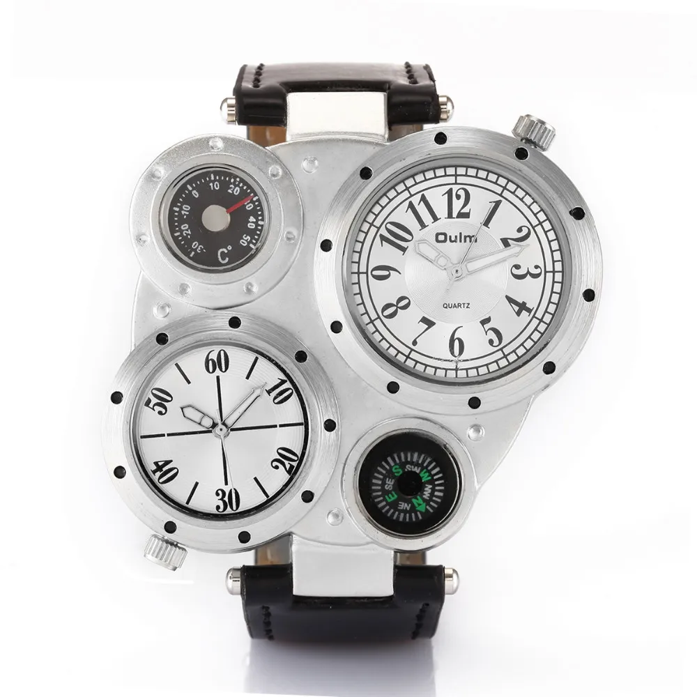 OULM 9415 mens Japan Quartz Movement Multiple Time Zone Watches Leather Military Wristwatch
