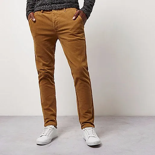Comfortable Woven Cotton Mens Camel Skinny Corduroy Chino Trousers ...