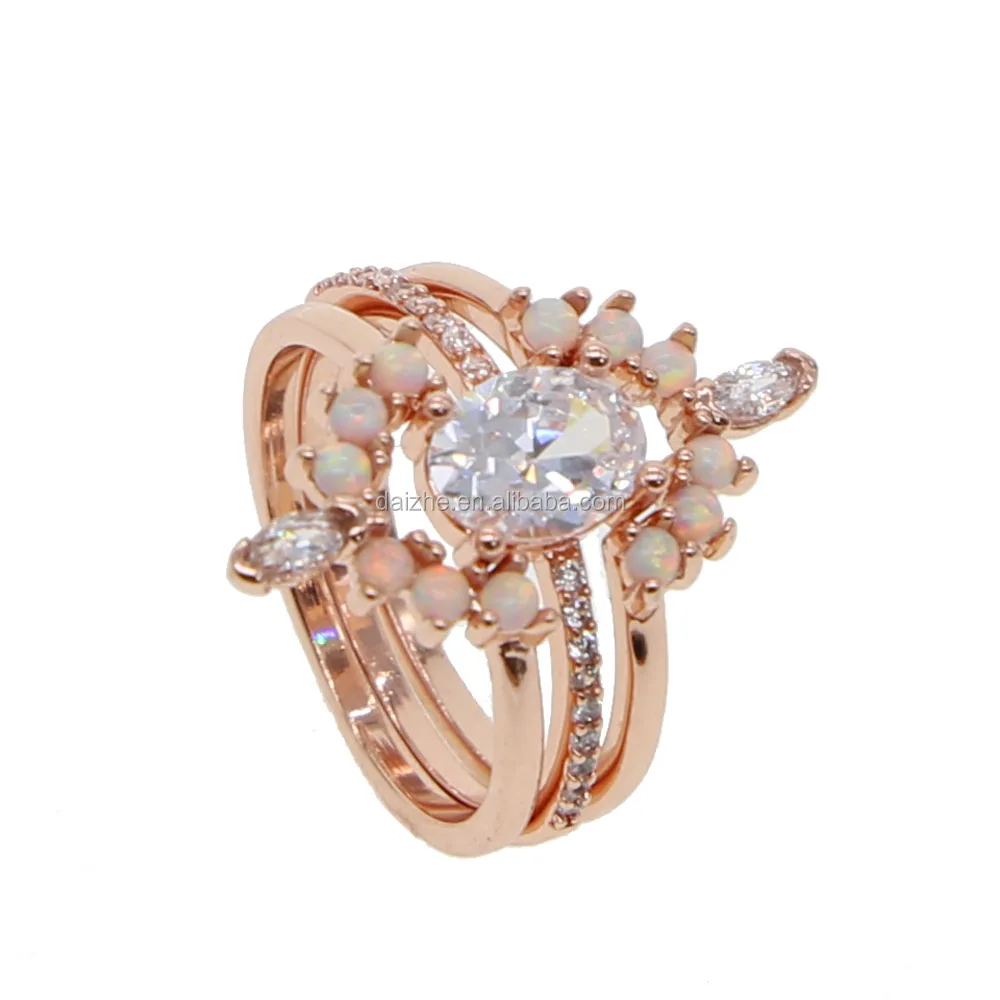 

rose gold tiny band cz opal prong crown shape ring set design for wedding luxury rings