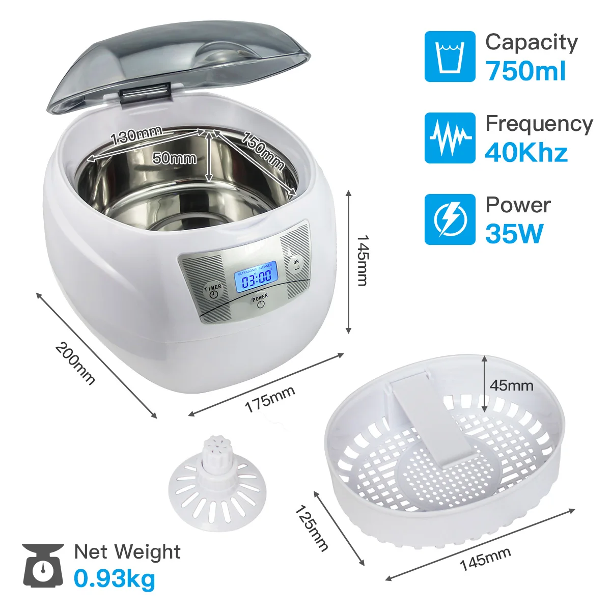 Easy Home Ultrasonic Cleaner 750ml Portable Ultrasound Cleaning Machine