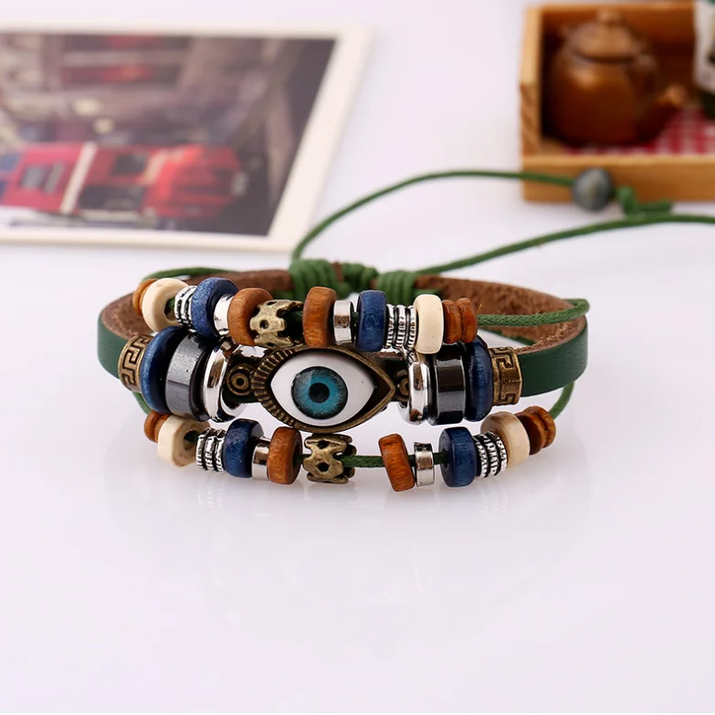 

2019 Adjustable Leather men Multilevel Feather eyes bracelets rope hand woven bracelet for women braided Jewelry, Black;brown;big red