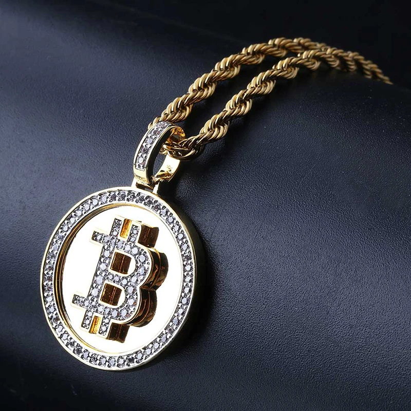 

Hip Hop Gold Iced Out Micro Pave Cubic Zircon Round Bitcoin Pendant Necklace For Men(KHP021), As picture