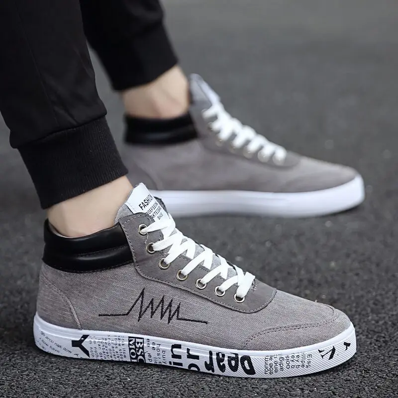 

2019 Spring and Autumn High Cut Lace Up Printed Casual Canvas Shoes, Black, grey, black gold, black white