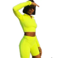 

Female Fitness Summer Full Sleeve Zipper Turtleneck Tops High Waist Shorts Two Piece Set Women Clothing