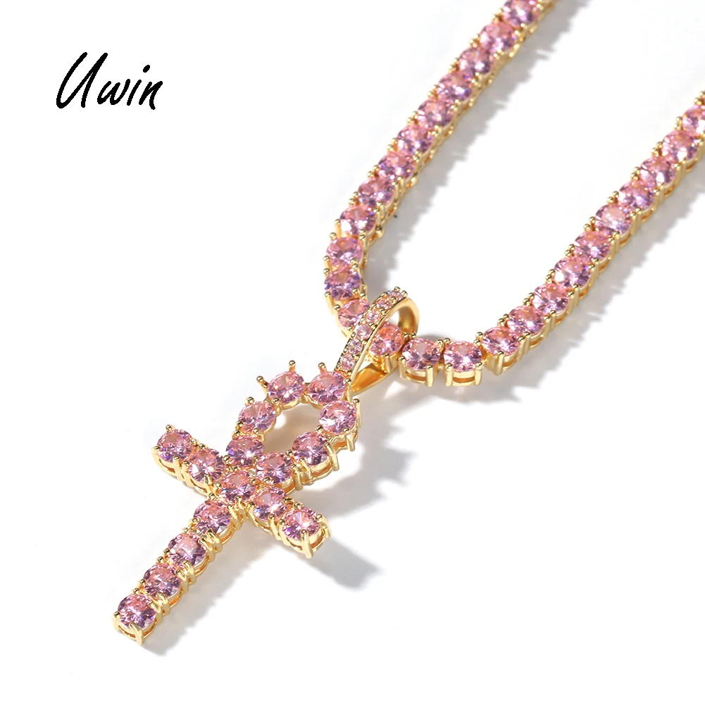 

Hip Hop Pink Crystal Cross Bling Brass Zircon Ankh Pendant Man Woman Charm Ankh Jewelry, Pink stone, gold and platinum plated