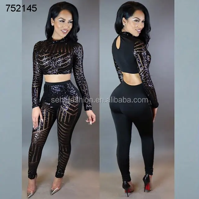 

women club wear long sleeve sexy crop- tops and trousers jumpsuits rompers