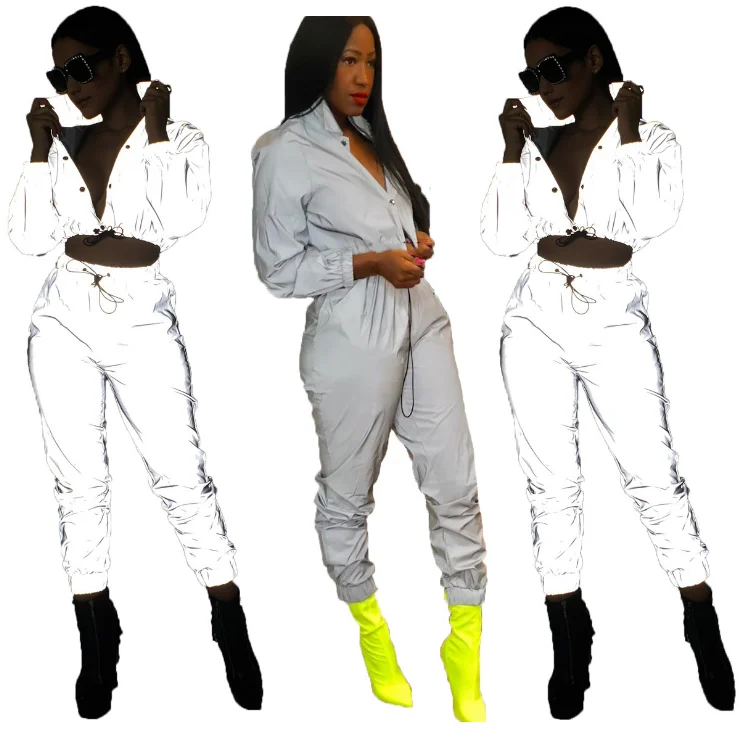 

X87449B europe fashion night club wear ladies sexy reflective clothing 2 pieces sets, As pictures