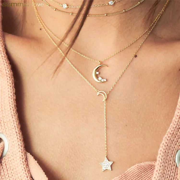

Fashion Hot Sale Moon Star Gold Bohemian Pendant Multi Layered Choker Women's Long Chain Wedding Necklace Girls Jewelry Gifts