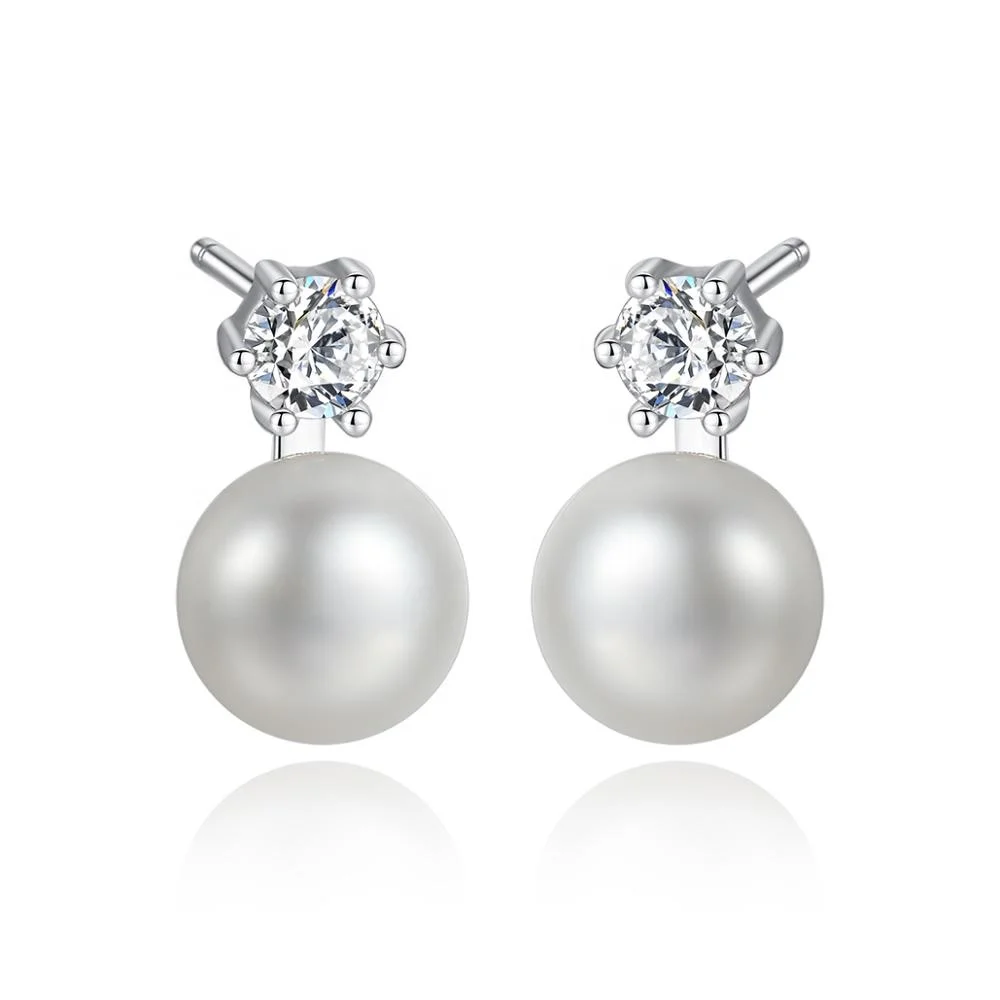 

CZCITY Delicate Clear CZ Crystal Natural Freshwater Pearl Stud Fine Jewelry 925 Sterling Silver Earrings