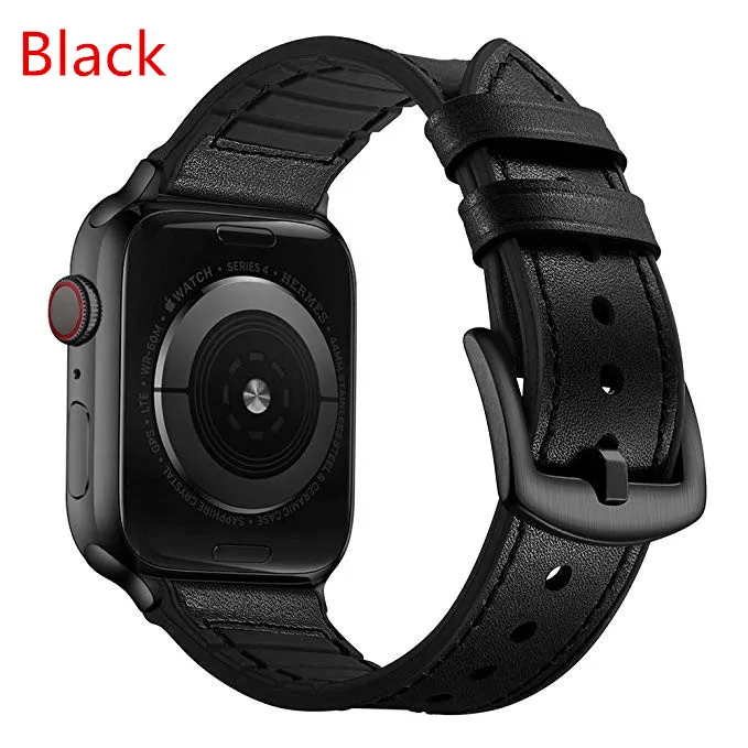 

Amazon Hot Selling Retro Style Genuine Leather + Silicone Rubber Band for Apple Watch 38mm 40mm 42mm 44mm, 14 Colors Available