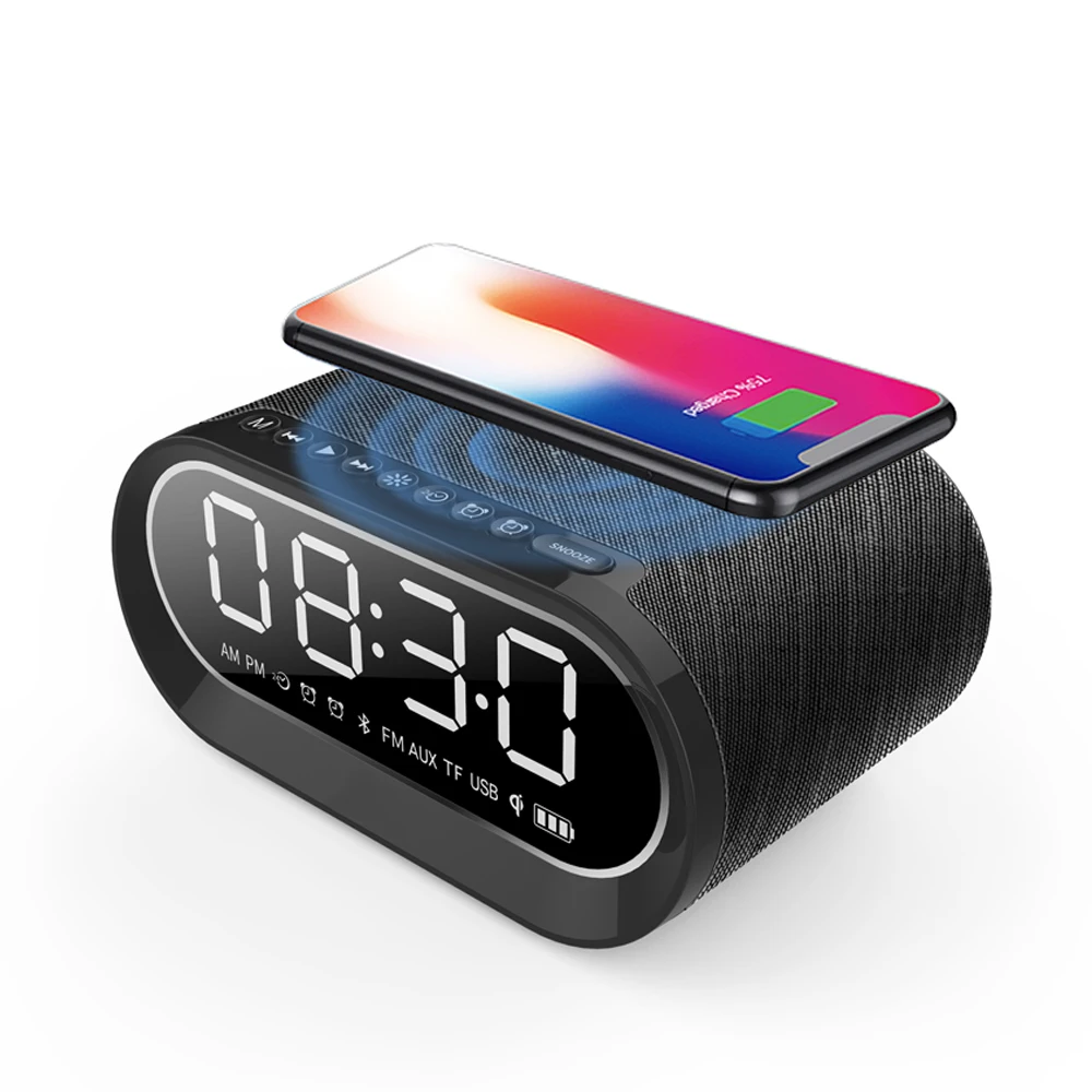 

New arrive 2*6W Fabric wireless charger mini bluetooth speaker with alarm clock and FM radio