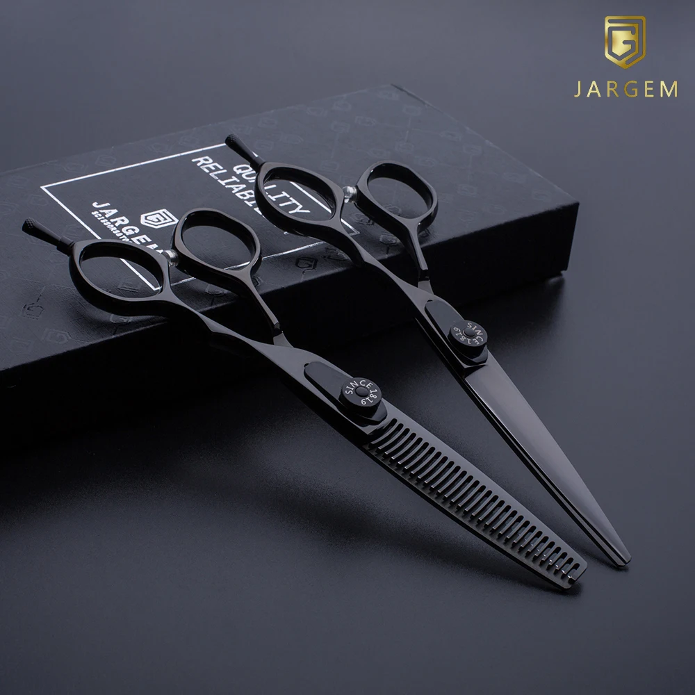 Black coated hair cutting scissors set for hairdressers