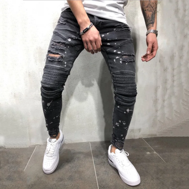 

2019 new men's stretch tight-fitting biker jeans slim jeans pants motorcycle snow pattern hole big pants trend men's jeans