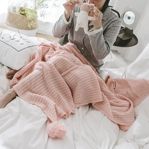 Cozy Cotton Cable Knitted Couch Cover Blanket with Pompoms