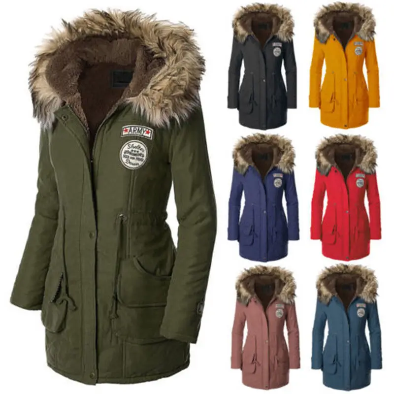

Ladies Warm Long Coat Fur Collar Hooded Quilted Jacket Slim Winter Parka Outwear