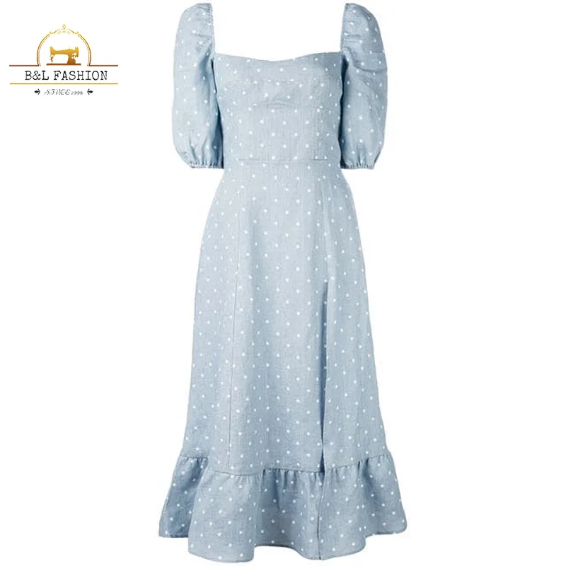 

2019 Summer Women Dress Pale Blue Cotton Fabric Linen Dress Women